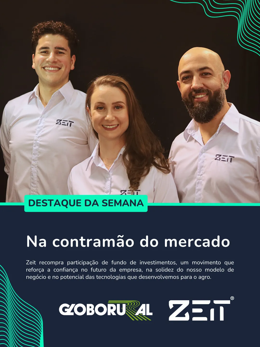 Denílson Ebling, CTO e sócio, Paula Dalla Vecchia, COO e cofundadora, e Renan Pardinho, CEO e cofundador da Zeit, da esquerda para a direita.